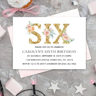 Invitation Élégant Anniversaire Fleurs Paillettes Or SIX 6 An