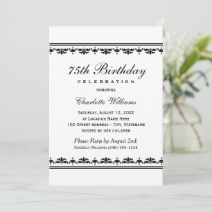 Invitation Élégant Anniversaire Noir Blanc Damassé