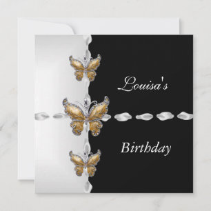 Invitation Élégant Anniversaire Papillon Noir Blanc Or Bronze