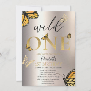 Invitation Élégant Anniversaire Papillons Dorés Wild One