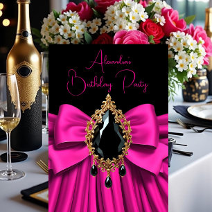 Invitation Élégant Anniversaire Rose Chaud Or Bijou Noir Nœud