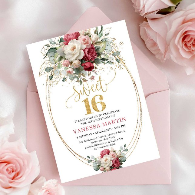 Invitation Élégant Anniversaire Seize Ans Fleurs Rouges et Bl (Elegant Red White Greenery Sweet Sixteen Birthday Invite)