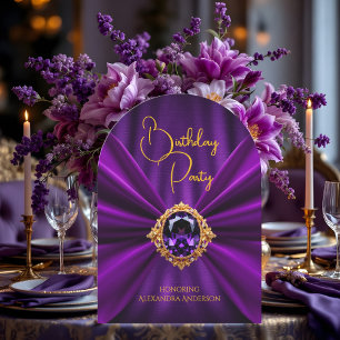 Invitation Élégant Anniversaire Violet Or Bijou Fausse Soie