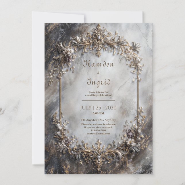 Invitation Élégant Antique Argent Or Baroque Mariage Marbre (Devant)