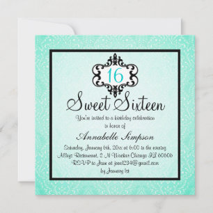 Invitation Elégant Aqua & Black Chic Damask Sweet 16 Invitati