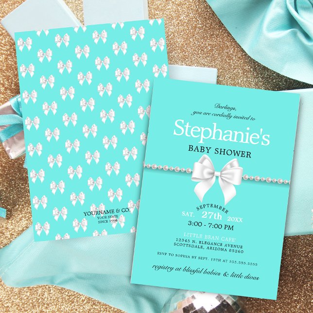 Invitation Elégant Aqua Bleu Blanc Bow Tiffany Baby shower (Elegant aqua blue teal tiffany theme baby shower with pearls white bow and simple typography script)