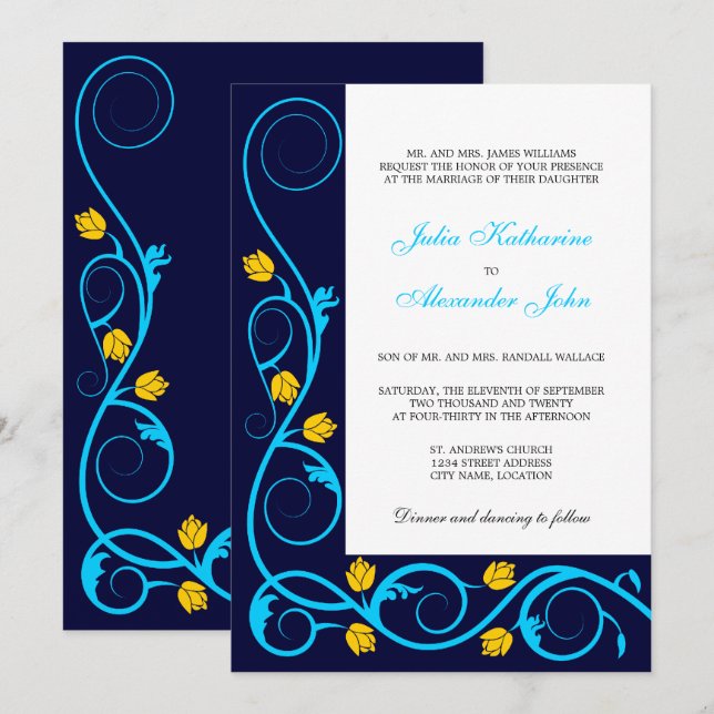 Invitation Elégant Aqua Blue et Yellow Swirls (Devant / Derrière)