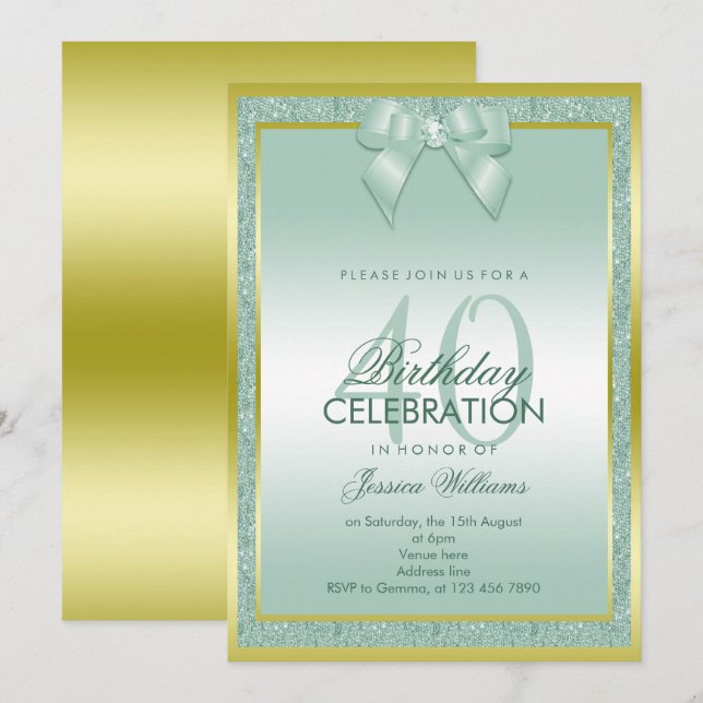 Invitation Elégant Aqua Bow & Sparkly Parties scintillant 40e (Devant / Derrière)
