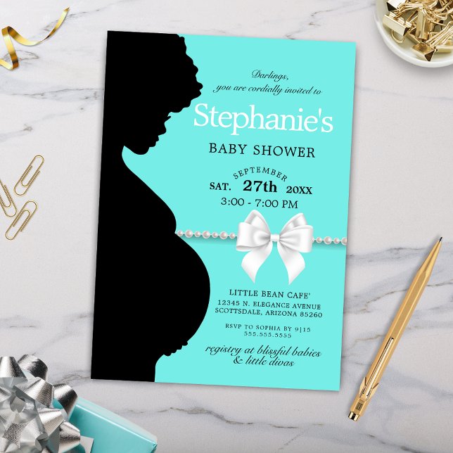 Invitation Elégant Aqua Glam Ethnic Tiffany Baby shower (Elegant Simple Ethnic Silhouette Tiffany Theme Baby Shower Invitation with Bow and Pearls)