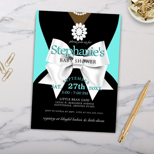 Invitation Elégant Aqua Glam Ethnic Tiffany Baby shower à thè (Elegant Teal Aqua Blue Ethnic Tiffany Theme Baby Shower Invitation with Pearls and White Bow)