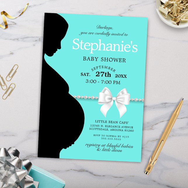 Invitation Elégant Aqua Glam Tiffany Baby shower à thème (Elegant Teal Tiffany Theme Baby Shower Invitation with Silhouette White Bow and Pearls)