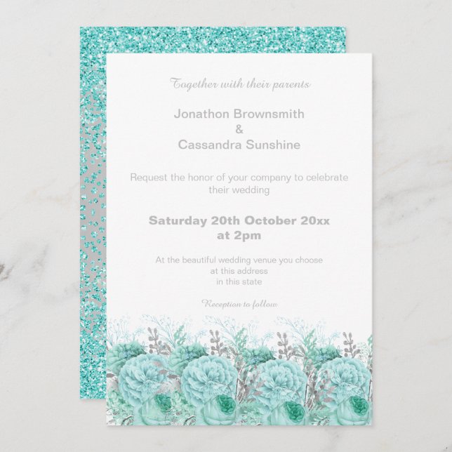 INVITATION ÉLÉGANT AQUA PARTIES SCINTILLANT ARGENT MARIAGE FL (Devant / Derrière)