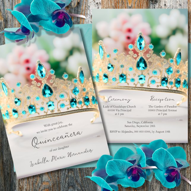 Invitation Elégant Aquamarine Et Golden Tiara Quinceañera (Créateur téléchargé)