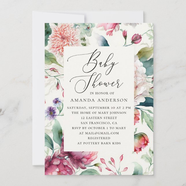 Invitation Elégant aquarelle asiatique boho baby shower flora (Devant)