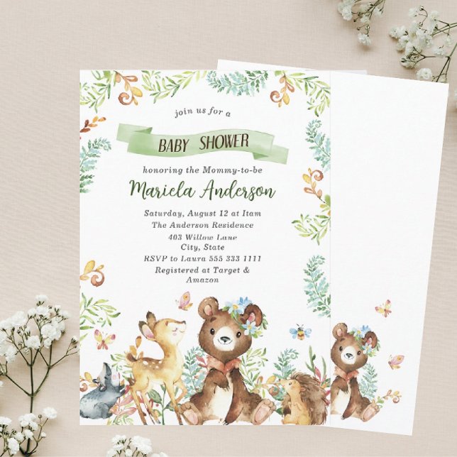 Invitation Elégant aquarelle Baby shower d'animaux de bois (Créateur téléchargé)
