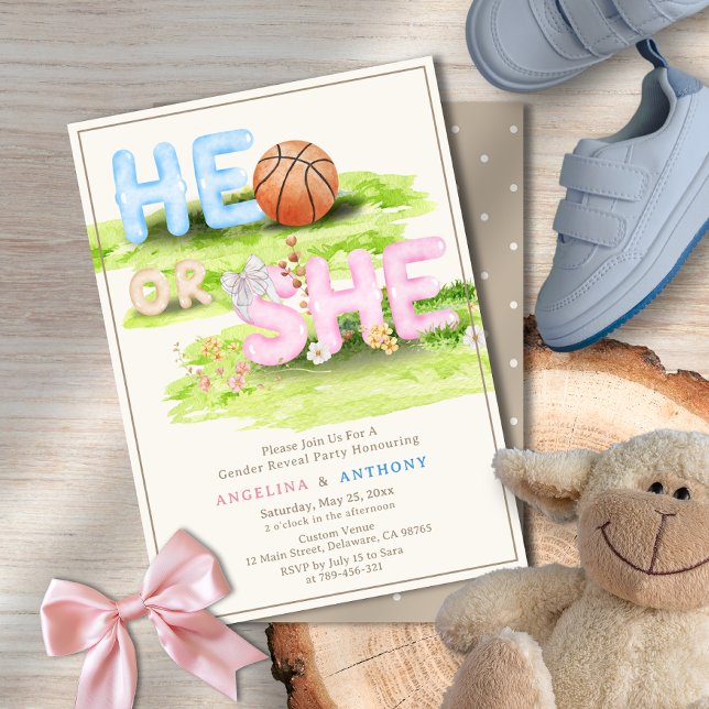 Invitation Elégant Aquarelle Basketball Bow Lui ou Elle (Elegant Watercolor Basketball Bow He or She Invitation)