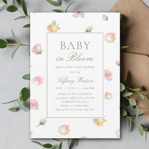 Invitation Elégant Aquarelle bébé dans Baby shower Fille Fleu