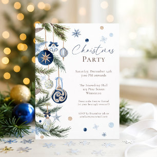 Invitation Elégant Aquarelle Bleu Blanc Ornement de Noël