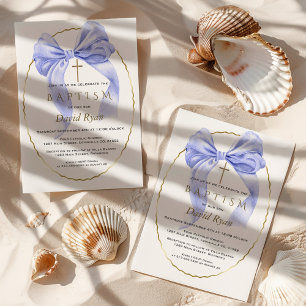 Invitation Elégant Aquarelle Bleu Bow Or Garçon Baptême