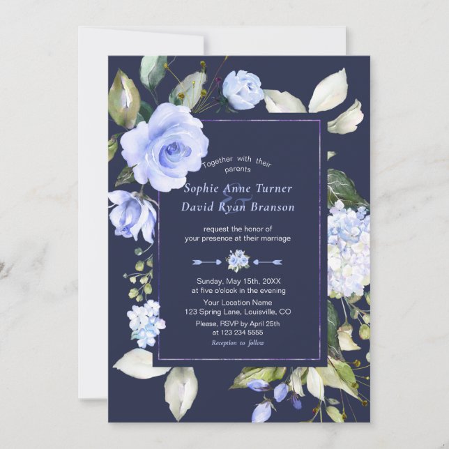 Invitation Elégant Aquarelle bleu Fleurs Mariage (Devant)