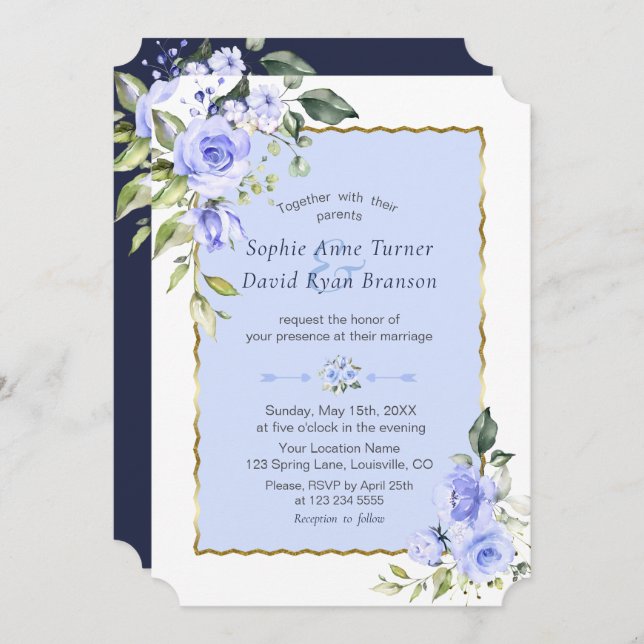 Invitation Elégant Aquarelle bleu Fleurs Mariage bleu marine (Devant / Derrière)