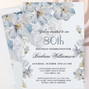 Invitation Élégant aquarelle bleu floral 80e anniversaire