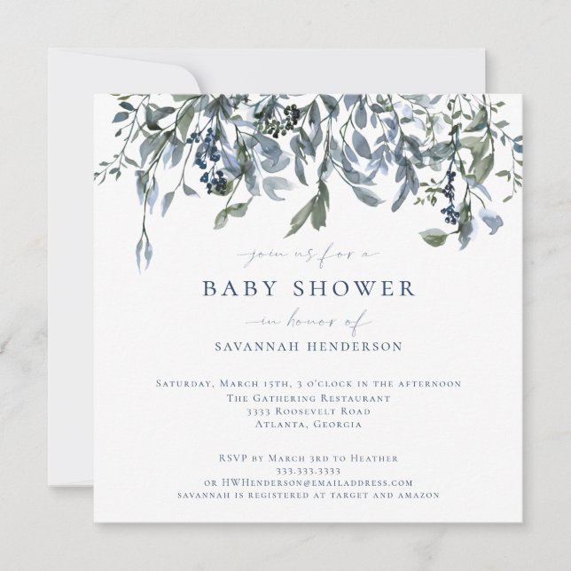 Invitation Elégant Aquarelle Bleu Floral Vines Baby shower (Devant)