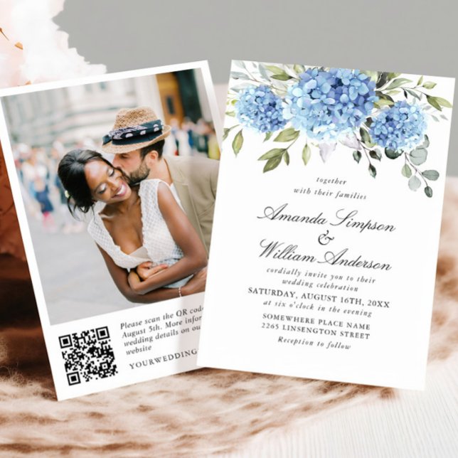 Invitation Elégant aquarelle bleu Hydrangea Mariage code QR (Créateur téléchargé)