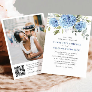 Invitation Elégant aquarelle bleu Hydrangea Mariage code QR