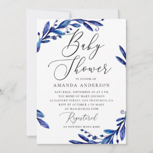 Invitation Elégant aquarelle bleu marine baby shower floral
