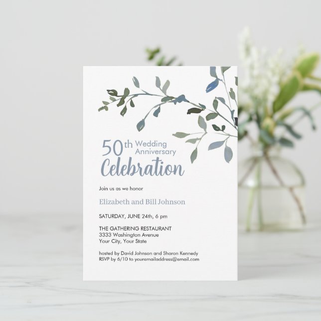 Invitation Élégant aquarelle bleue pour les 25 ans de mariage (Debout devant)