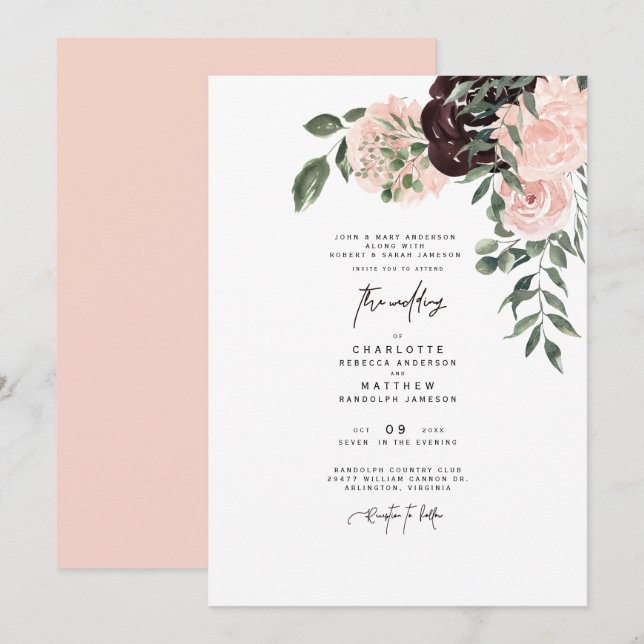 Invitation Elégant Aquarelle Blush & Vin Floral Mariage (Devant / Derrière)