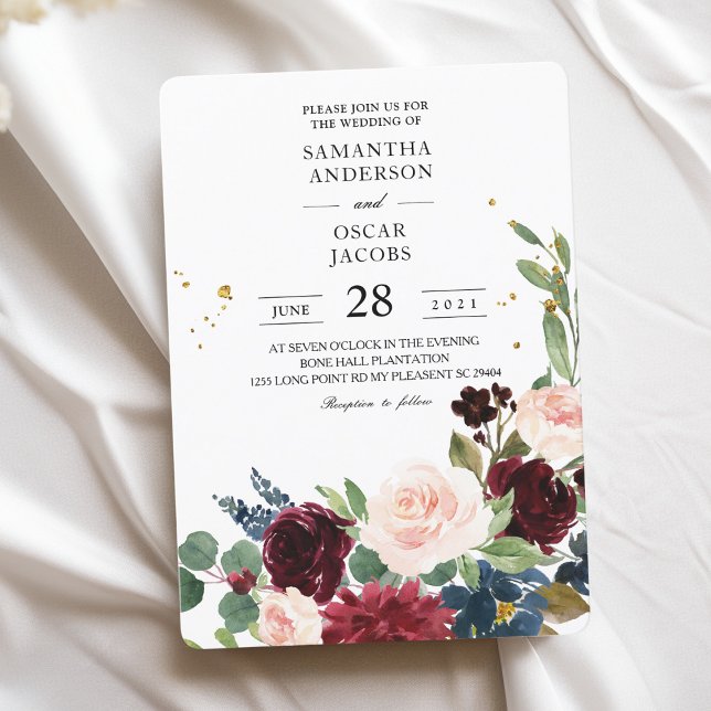 Invitation Elégant Aquarelle Bourgogne Broussaillement & gout (Créateur téléchargé)