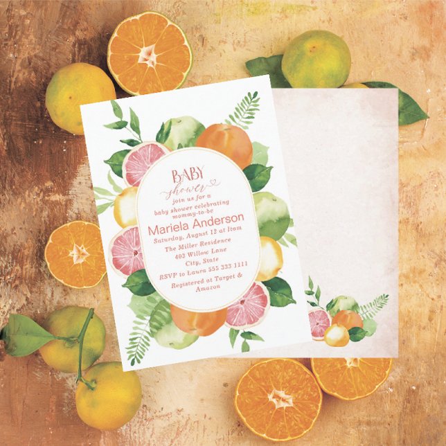 Invitation Elégant Aquarelle Citrus Fleurs roses Baby Show (Créateur téléchargé)