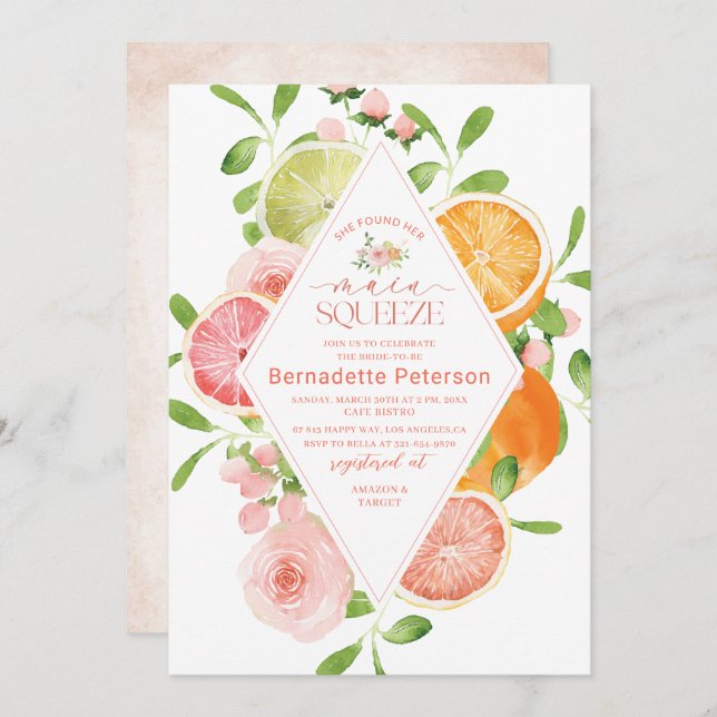 Invitation Élégant Aquarelle Citrus rose Fleurs Cho nuptiale (Devant / Derrière)