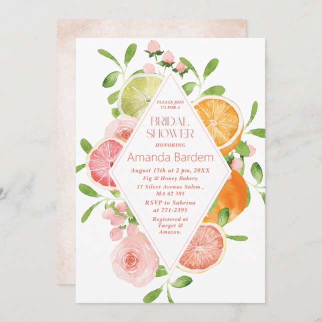 Invitation Elégant Aquarelle Citrus rose Fleurs mariées (Devant / Derrière)