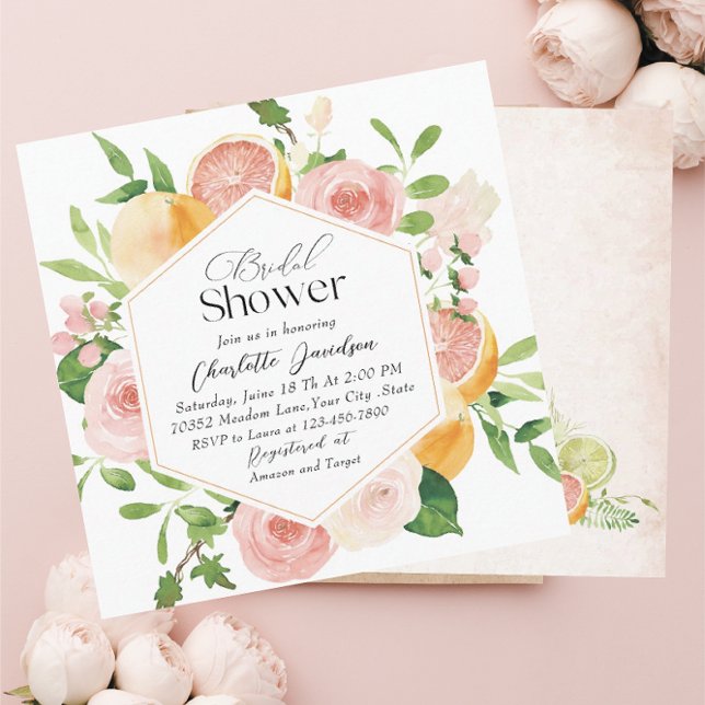 Invitation Élégant Aquarelle Citrus rose Fleurs Mondial (Créateur téléchargé)