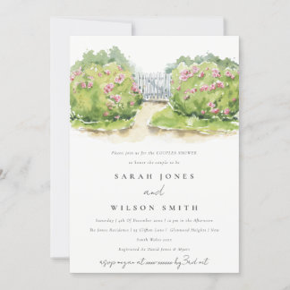 Invitation Elégant Aquarelle Cottage Jardin Couples douche