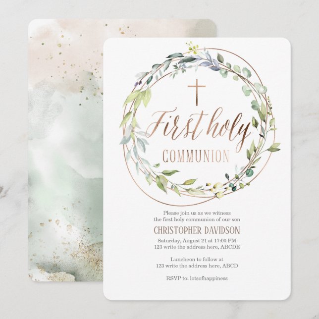 Invitation Elégant, Aquarelle, Croix, Première communion (Devant / Derrière)