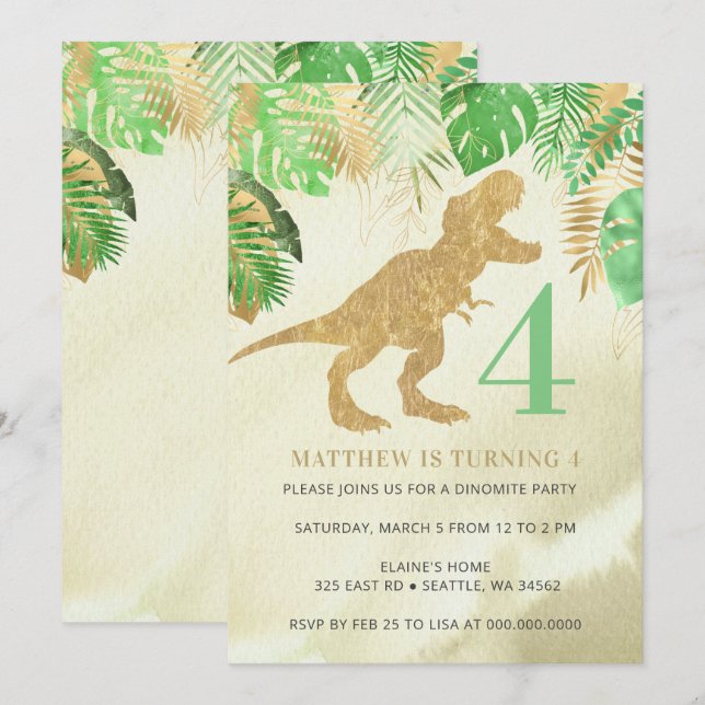 Invitation Elégant Aquarelle Dinosaure Vert Or Anniversaire (Devant / Derrière)