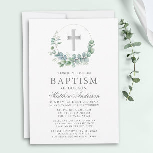 Invitation Elégant Aquarelle Eucalyptus Baptême Argent