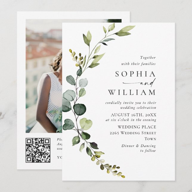 Invitation Elégant aquarelle Eucalyptus Mariage code QR (Devant / Derrière)