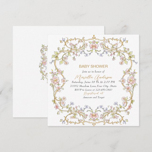 Invitation Elégant aquarelle Fleurs Rétro Baby shower cadre (Devant / Derrière)