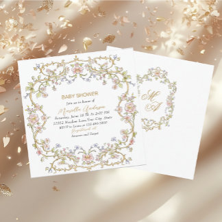 Invitation Elégant aquarelle Fleurs Rétro Baby shower cadre