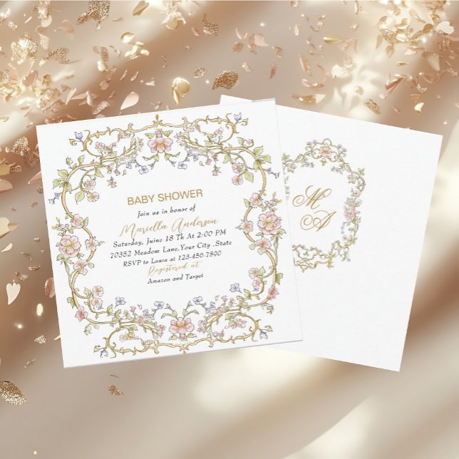 Invitation Elégant aquarelle Fleurs Rétro Baby shower cadre (Créateur téléchargé)