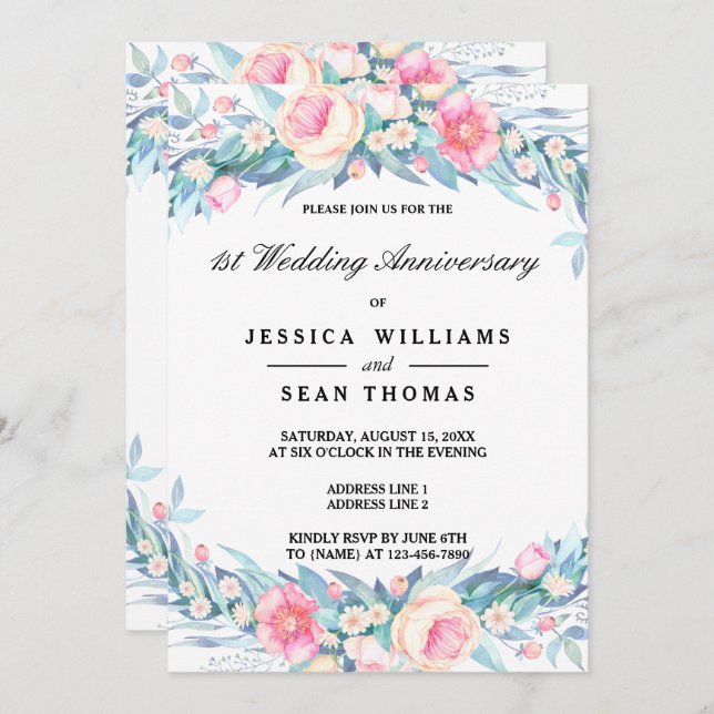Invitation Elégant aquarelle Floral 1er anniversaire Mariage (Devant / Derrière)