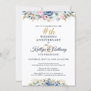 Invitation Elégant aquarelle Floral Anniversaire Marine Or