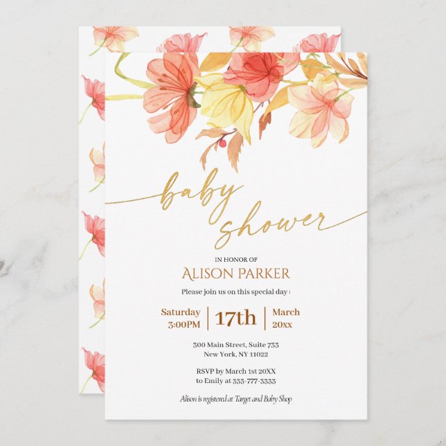 Invitation Elégant Aquarelle Floral Baby shower de script or (Devant / Derrière)