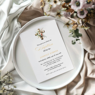 Invitation Elégant aquarelle Floral Cross Baptism