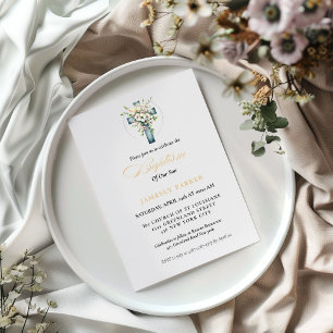 Invitation Elégant aquarelle Floral Cross Baptism